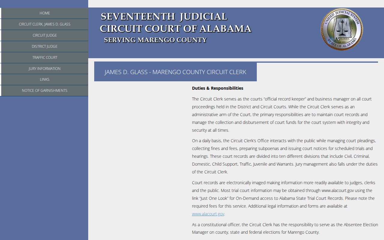 Marengo County court docket and Circuit Clerk recordkeeping page