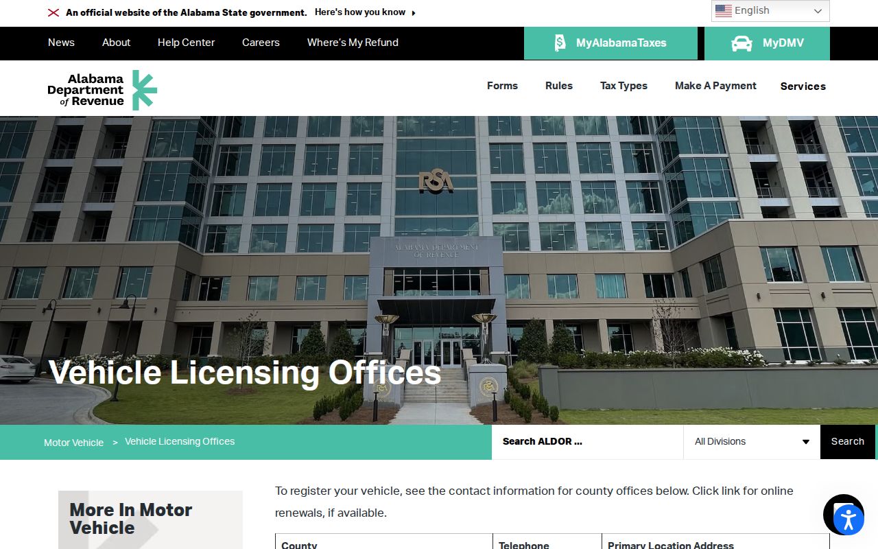 Alabama vehicle office directory separate from Marengo County traffic court records
